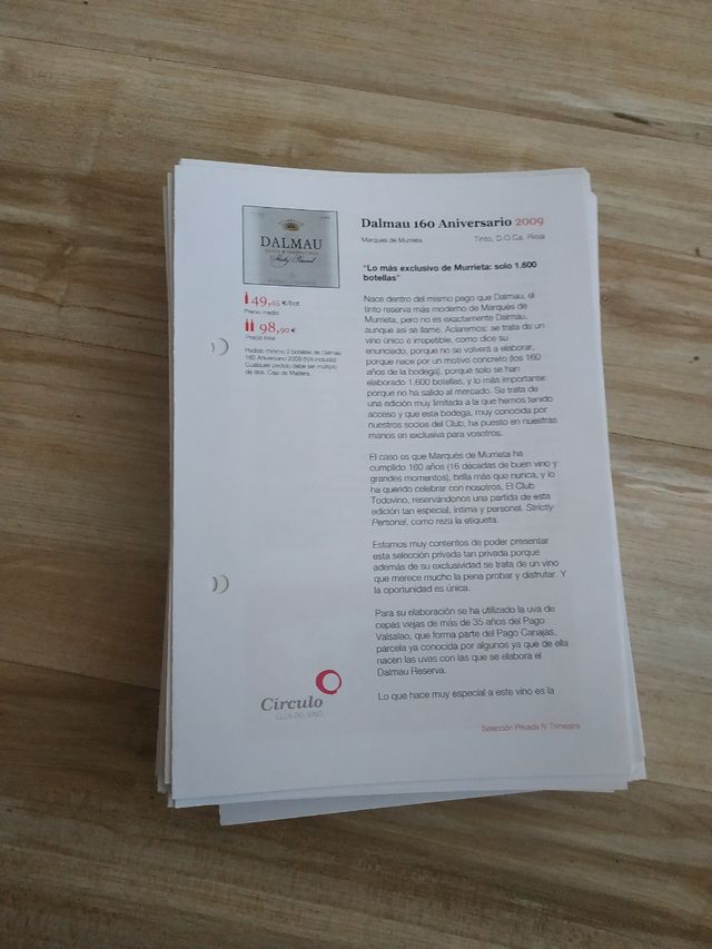 Colección de 163 cuartillas del club del vino