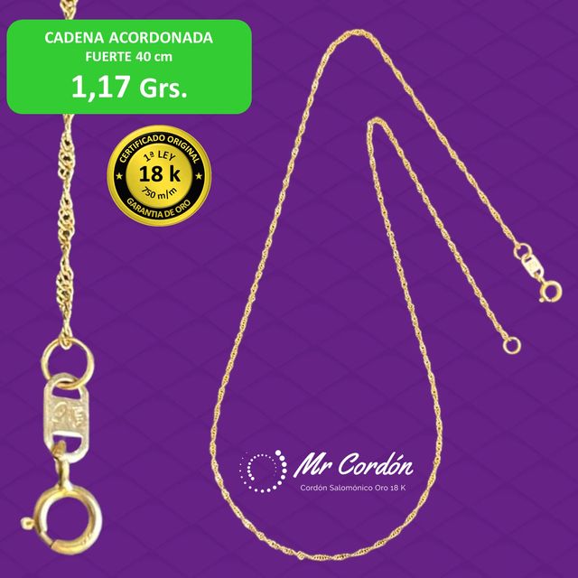 Cadena Acordonada Maciza 40 cm Oro 18 Kilates