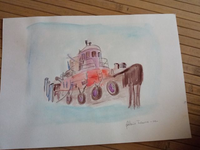 disegno rimorchiatore su cartoncino ad acquerello