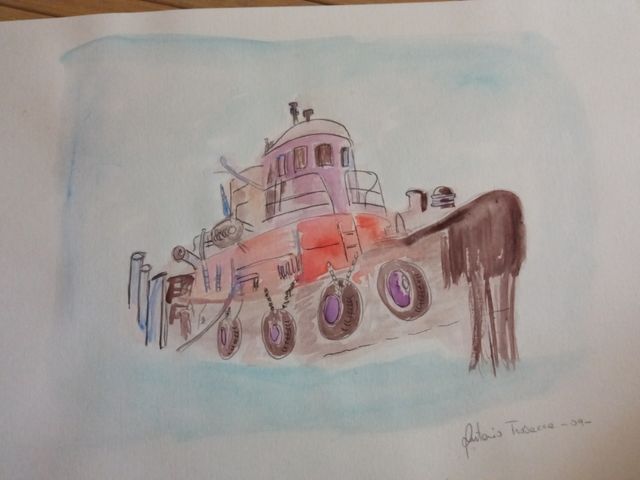 disegno rimorchiatore su cartoncino ad acquerello