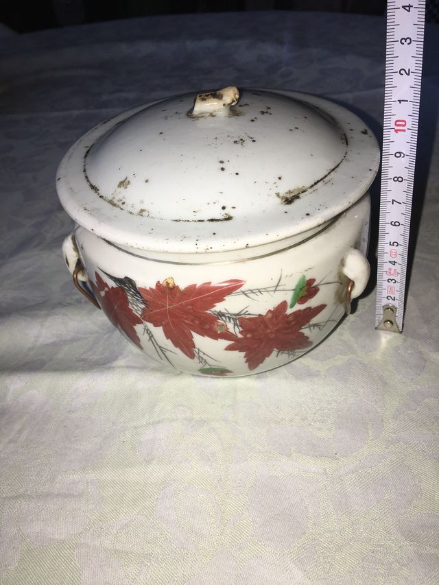 Vaso con coperchio in ceramica con foglia d'acero