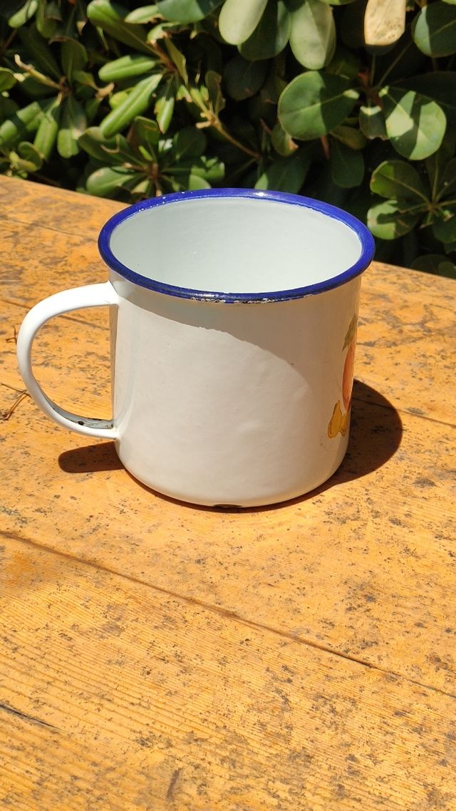 Antigua taza de metal esmaltada