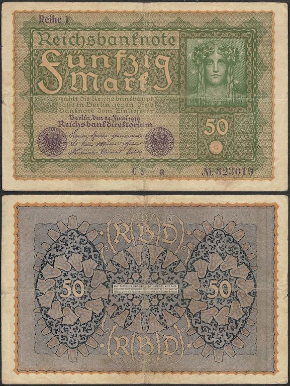ALEMANIA - 8 billetes de 5 a 50 mark (1914-1929)
