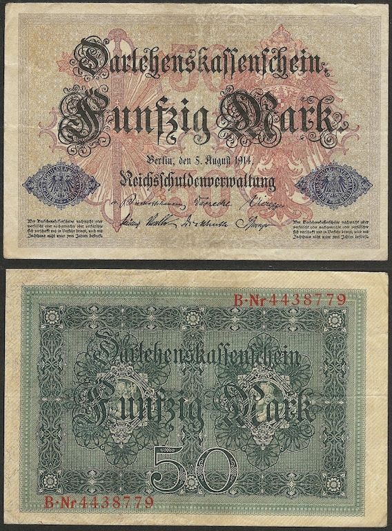 ALEMANIA - 8 billetes de 5 a 50 mark (1914-1929)