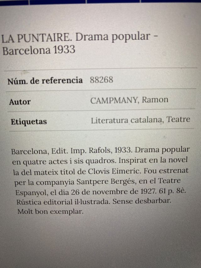 La Puntaire. Drama popular. Bcn 1933