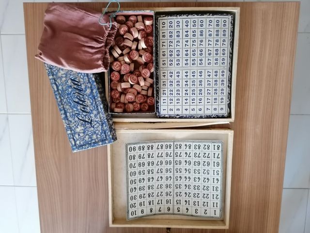 juego LOTERÍA antiguo, fichas madera
