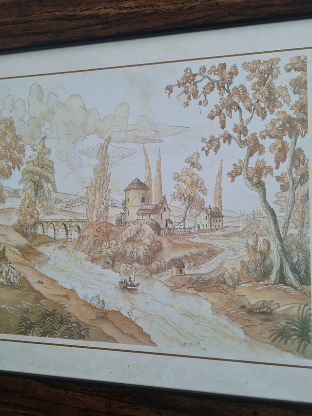 Quadro 38x33 cm. Paesaggio di ponti e fiume.