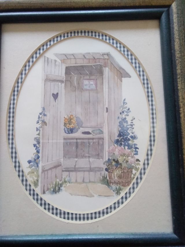 Acuarela retrete antiguo buen marcó madera