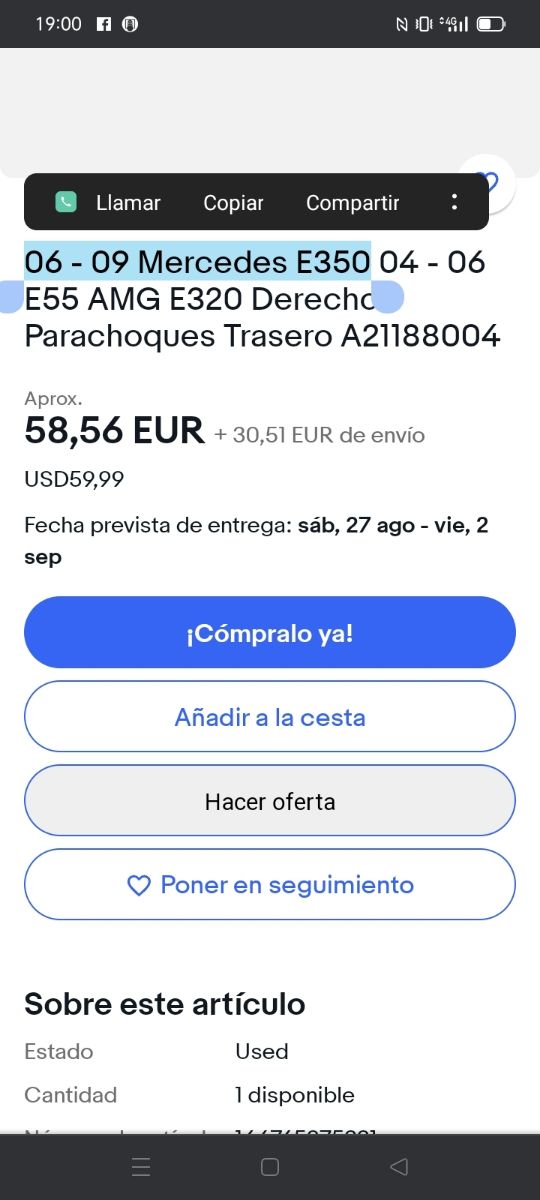 moldura paragolpes trasero mercedes clase E