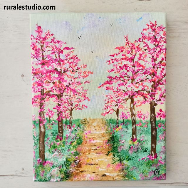 Pintura original de un paisaje con árboles rosas