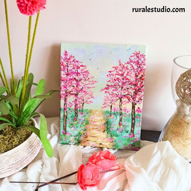 Pintura original de un paisaje con árboles rosas
