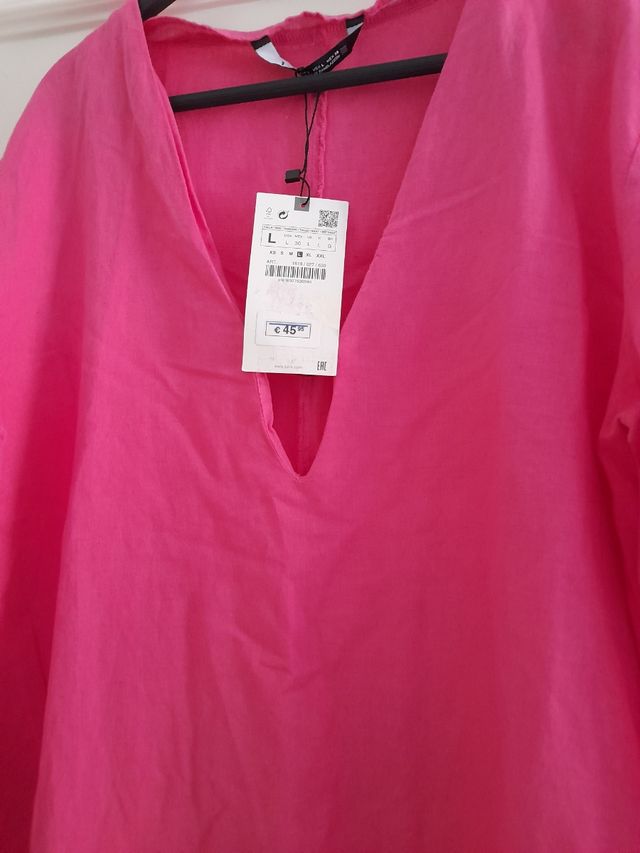 Vestido Zara túnica con lino Fucsia L