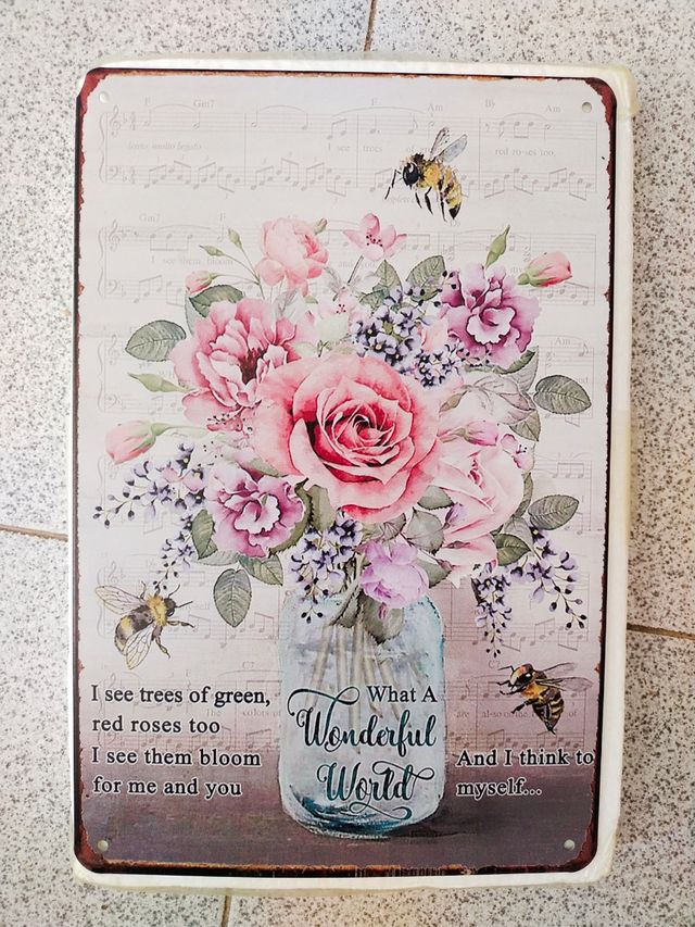 Cartel de metal ramo de flores con abejas