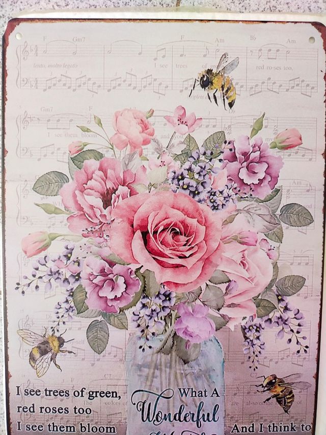 Cartel de metal ramo de flores con abejas