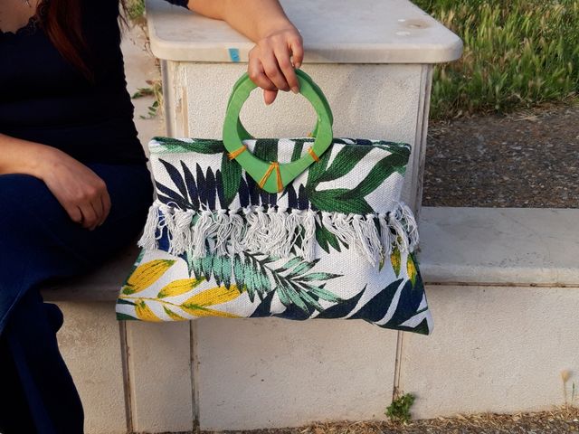 Borsa in cotone stampato con frange e conchiglie