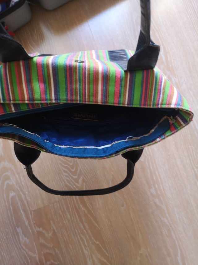 borsa in tessuto a righe e pelle blu