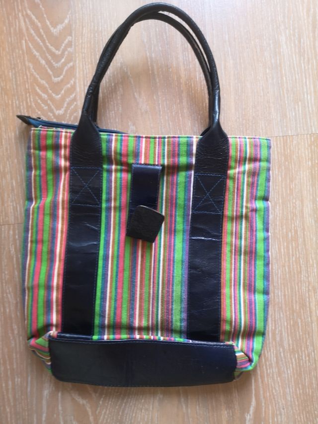 borsa in tessuto a righe e pelle blu