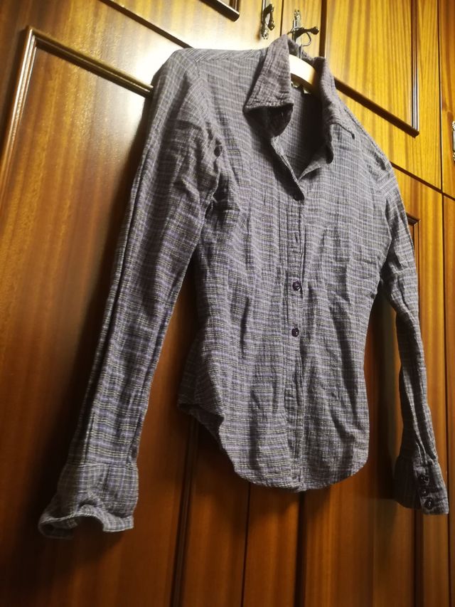 Camisa lila a rallas y cuadros Mango 