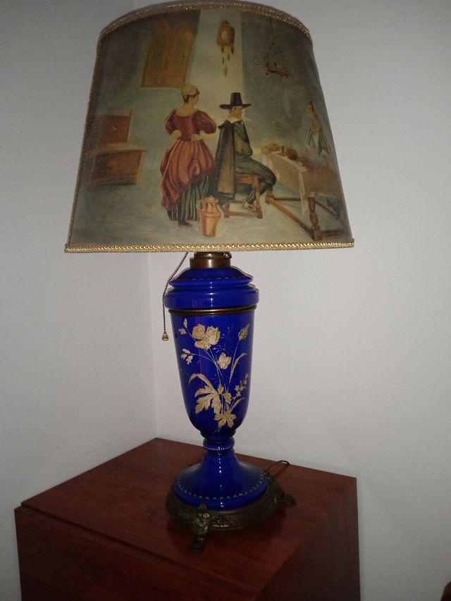 Lampara Quinqué Antiguo con Pantalla pintada