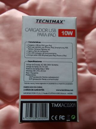 CARGADOR USB TECNIMAX CON CABLE USB PARA IPAD 10W