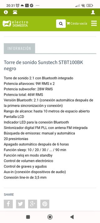 torre de sonido sunstech stbt100
