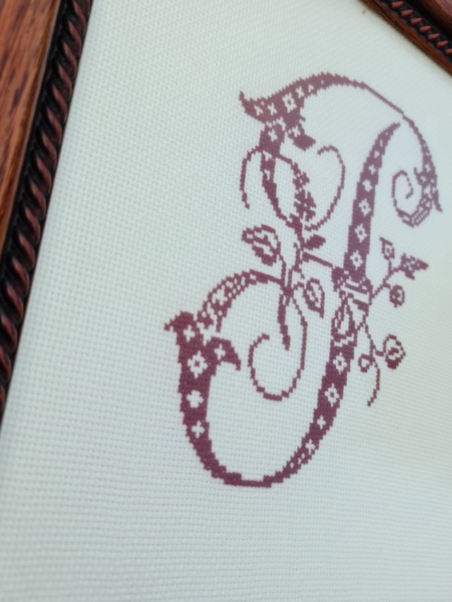 Cuadro Punto  Cruz letra P marco madera y cristal