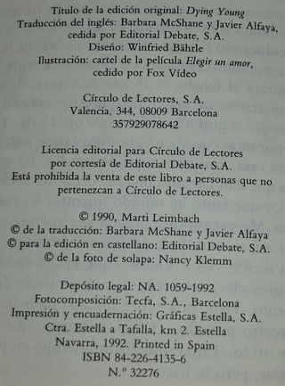 Libro Morir joven (Marti Leimbach) (1990)