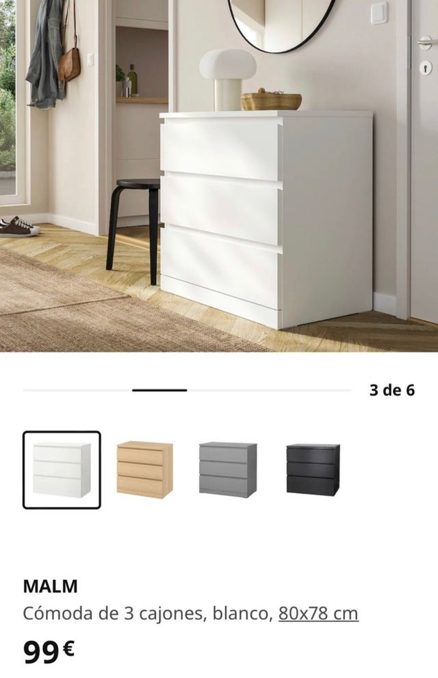 Cajonera, cómoda de 3 cajones MALM IKEA blanca de segunda mano por 40
