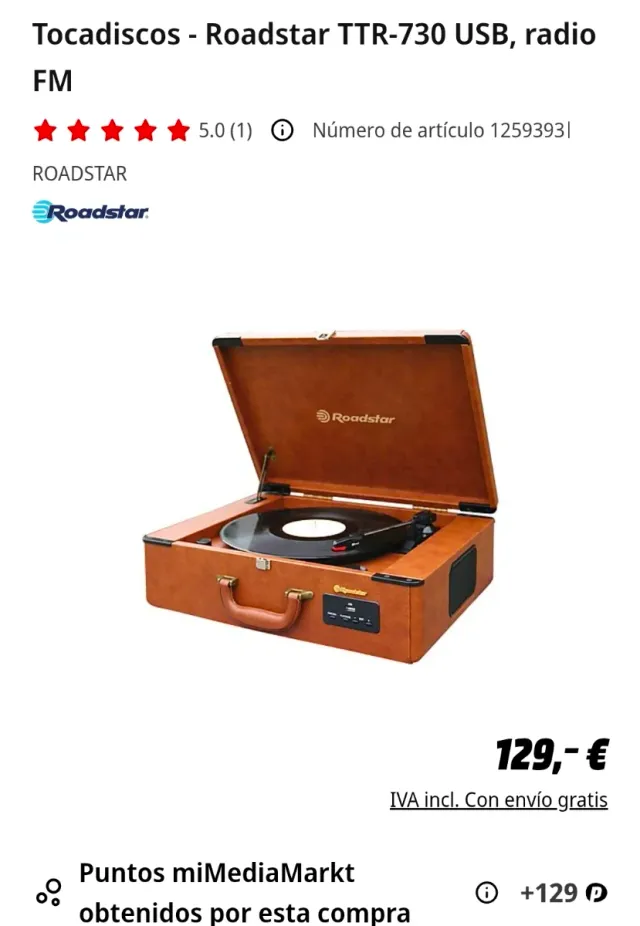 Tocadiscos-maleta ROADSTAR TTR-730 USB vintage