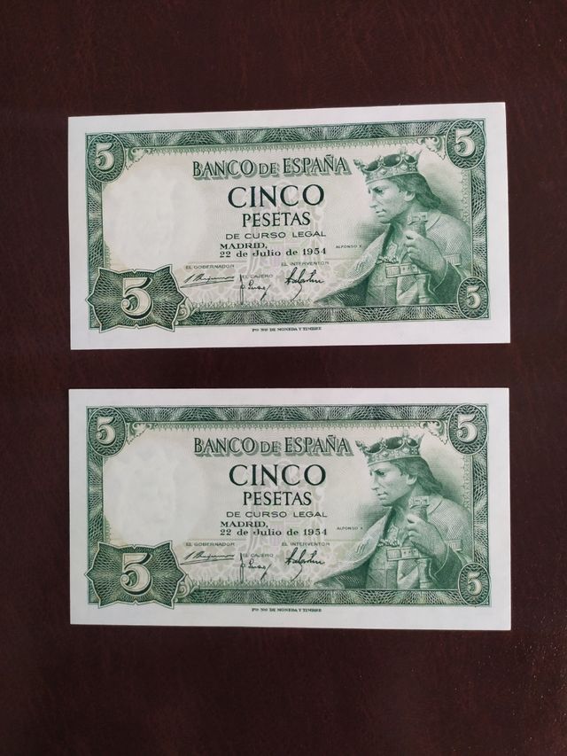 Pareja billetes 5 pesetas,1954 SIN CIRCULAR.