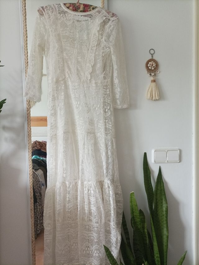 vestido blanco largo encaje Springfield
