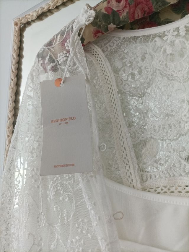 vestido blanco largo encaje Springfield