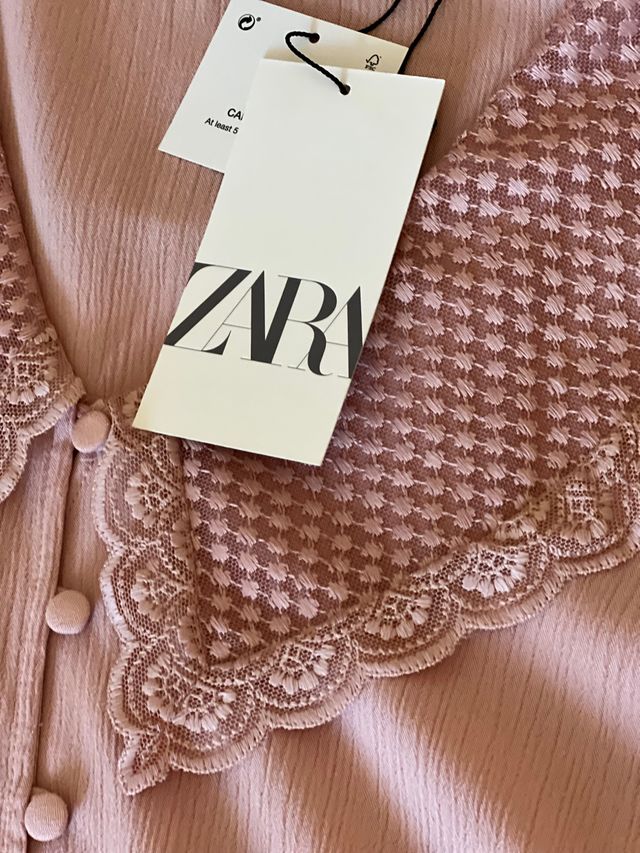 Zara vestido bambula, rosa antiguo cuello puntilla
