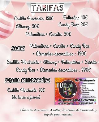 Alquiler eventos Candy bar, futbolines, altavoces