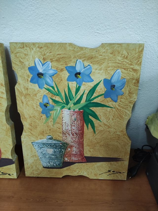 Cuadros flores jarrón, óleo sobre madera