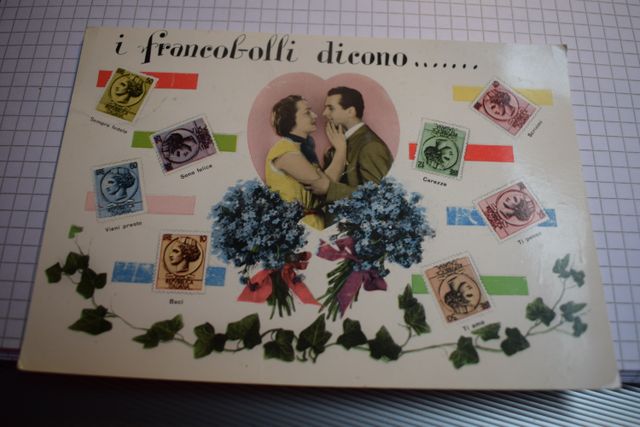 Cartolina I francobolli dicono... viaggiata 1961