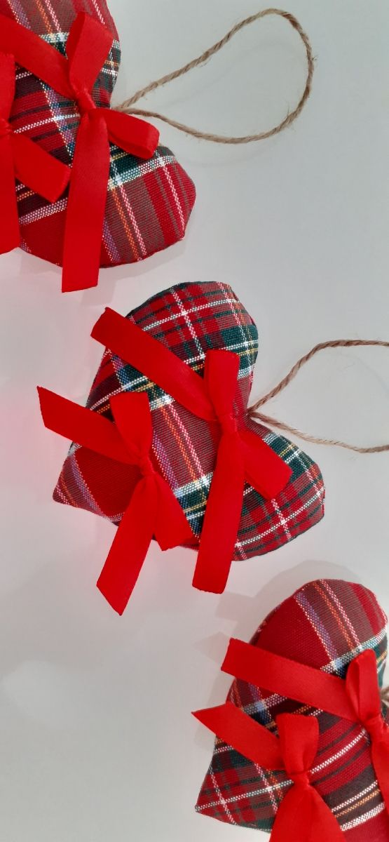 decorazioni di Natale cuori tartan con fiocco 3pz