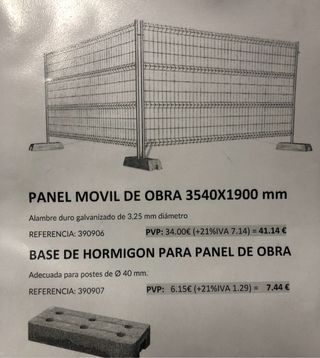 Valla panel obra 3,54x1,90 bases hormigón