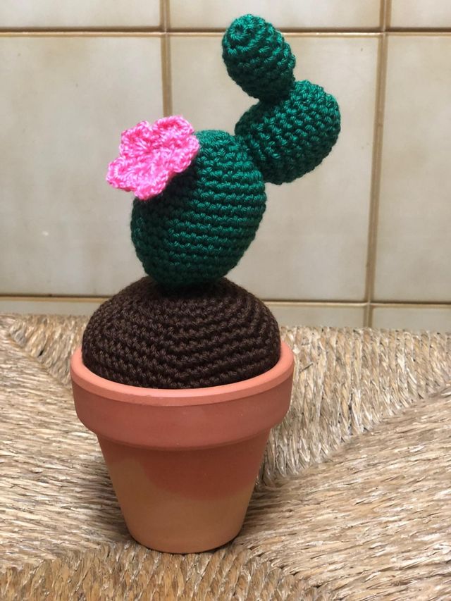 Precioso cactus de crochet con macetero