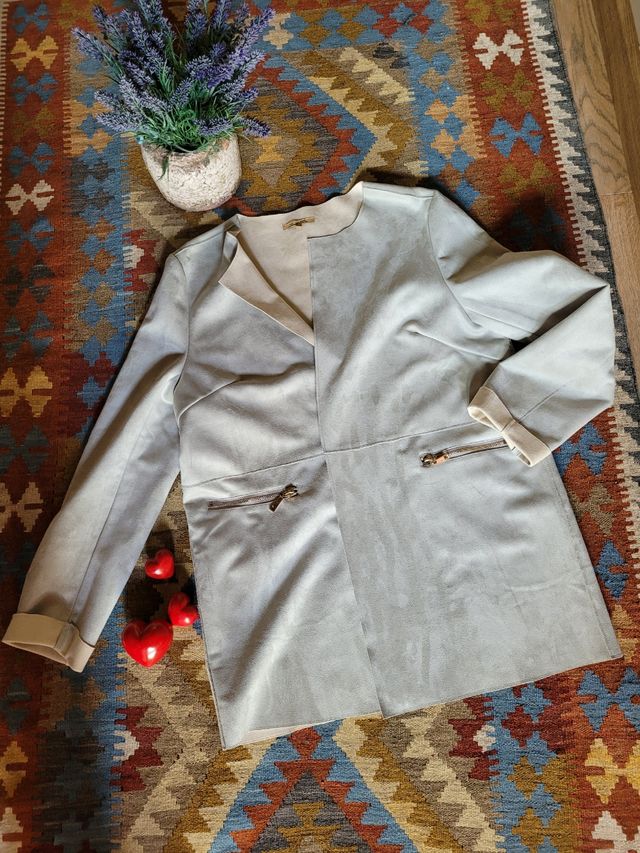 Blazer Chaqueta Abrigo ¾ simil ante Gris azulada L