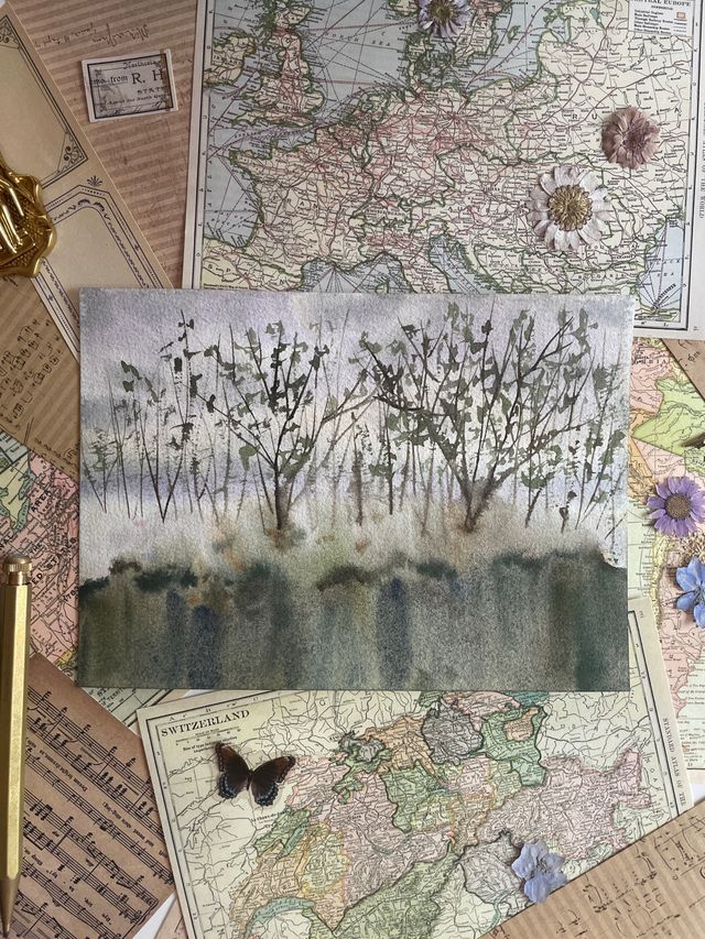 Lámina acuarela paisaje invernal original