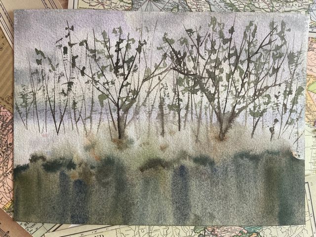 Lámina acuarela paisaje invernal original