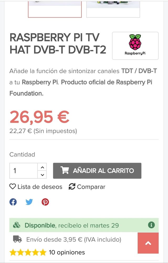 Raspberry Pi TV Hat DVB-T DVB-T2 (sin usar)