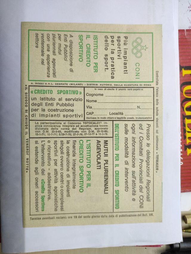 Schedina totocalcio anno 81