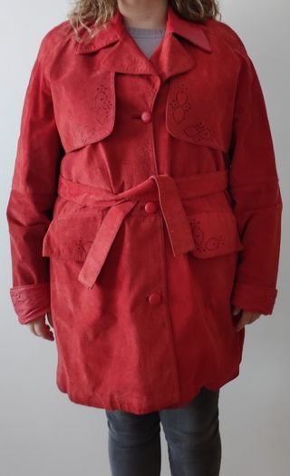 Abrigo rojo,tipo gabardina,piel verdadera,vintage