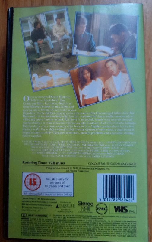 Rain Man. Dustin Hoffman Tom Cruise. Video VHS