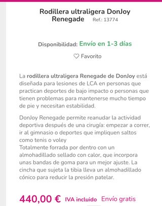 Rodillera cruzado LCA  . Talla s. derecha