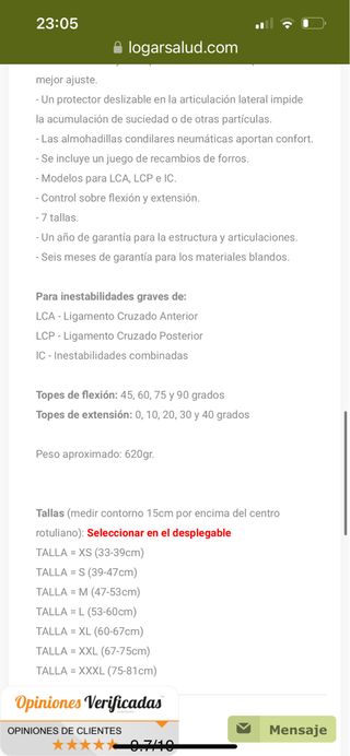 Rodillera cruzado LCA  . Talla s. derecha