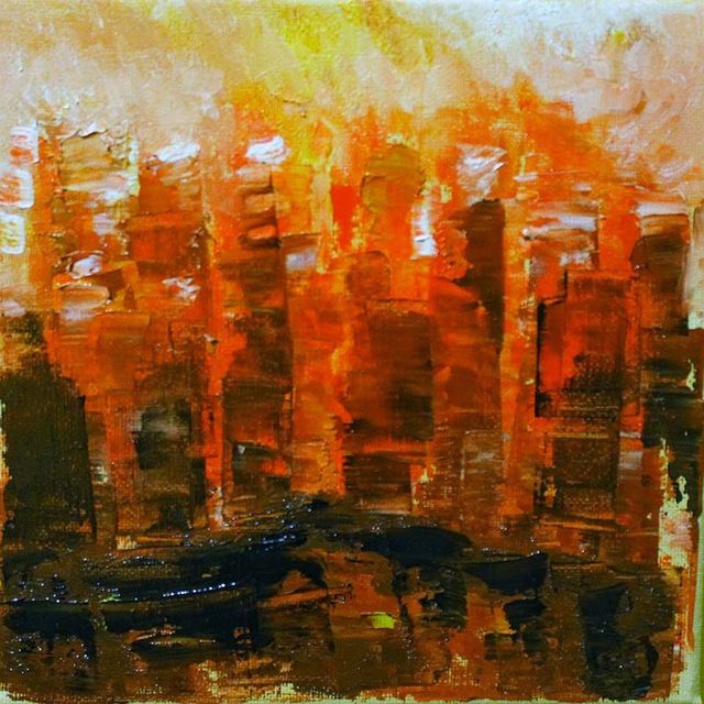 Dipinto - Veduta della città II: tramonto infuocato urbano