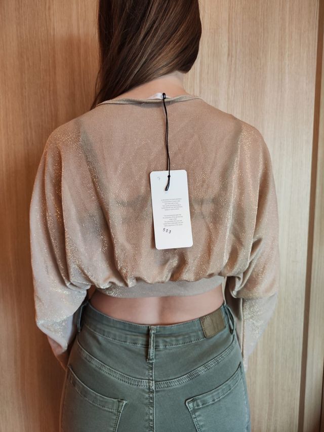 Crop top scollo a V glitterato oro taglia U 